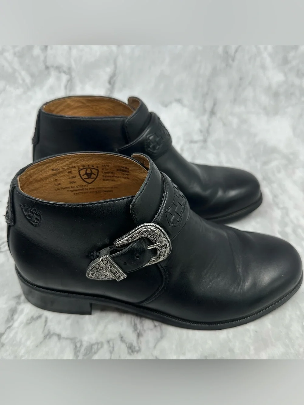 Ariat Black Leather Ankle Boots with Decorative Silver Buckle